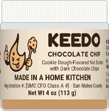 A 4 oz jar of KEEDO Chocolate Chip cookie dough-flavored nut butter