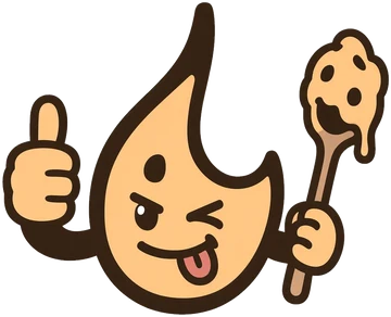The KEEDO mascot, a winking drop of nut butter giving a thumbs-up and holding a spoon of cookie dough